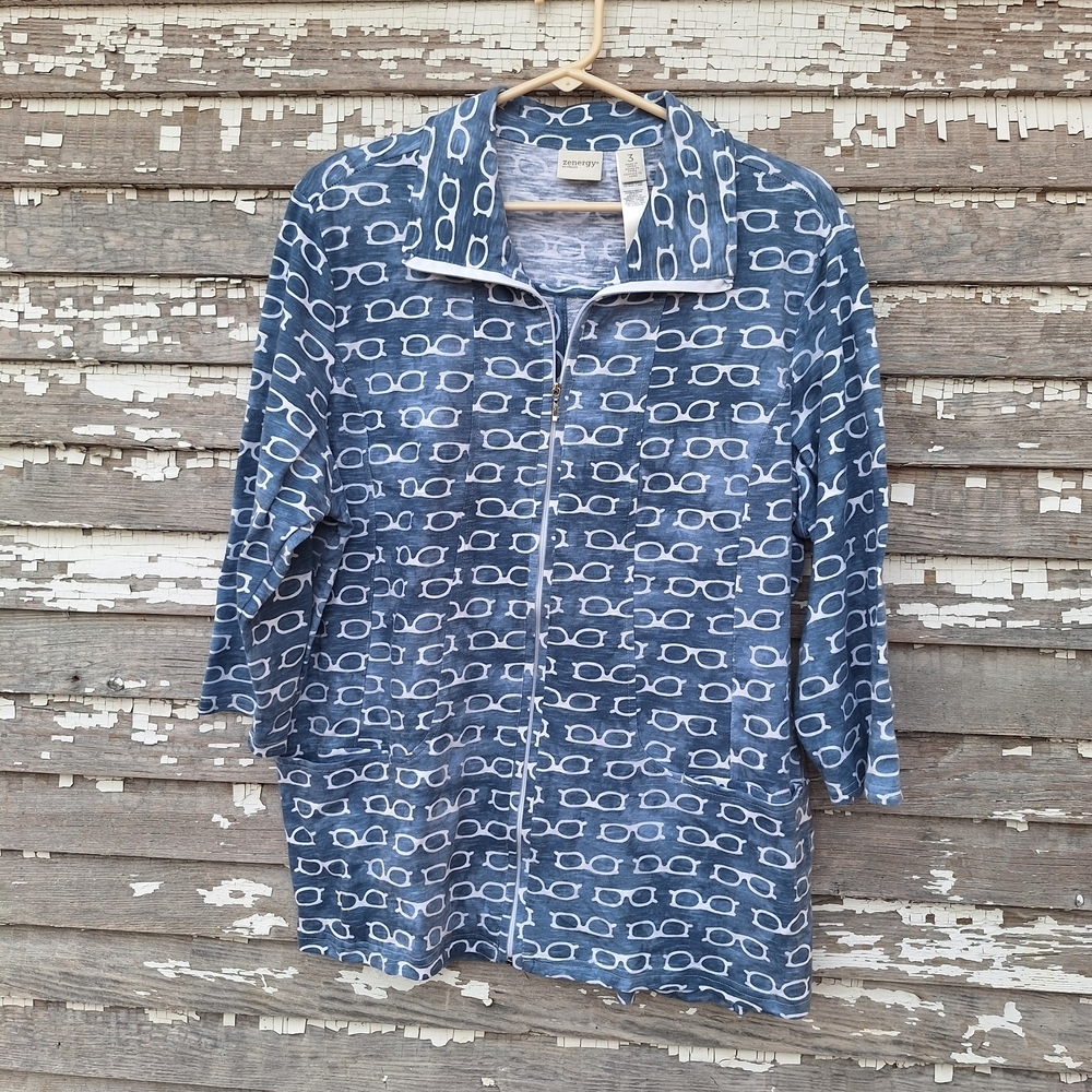 Zenergy By Chicos Stylish Blue Patterned Women's Shirt Jacket Size 3 XL